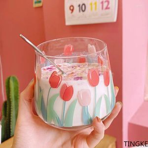 Wine Glasses 350-400ML Japan And South Korea Hand-painted Tulip Flower Glass Cup Household Heat-resistant Drinking Big Belly Mousse