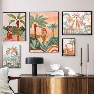 Boho Jungle Animals Tiger Monkey Giraffe Coconut Tree Affisch Nursery Canvas Måla väggkonsttryck Bild baby barn rumsdekor