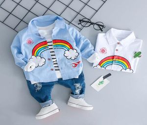 Ny höst baby pojke kläder mode pojkar kläder set småbarn regnbågskjorta hål jeans pojke kostym butik barn outfit spädbarn 9073054