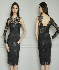 Sexy Custom Made One Shoulder Sheer Long Sleeve Sheath Knee Length Evening Party Gowns Black Lace Formal Cocktail Dresses DL119093054273