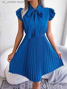 Basic Casual Dresses Summer Kawaii Cute 2024 Femme Office Lady Dresses A-line Party Clubwear Half Open Pleated Mini Sundress Bowknot Women Dress H215 1 T240415