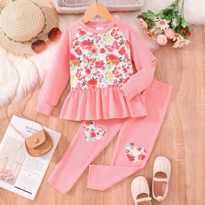 Kläderuppsättningar 2024 Kidskläder Set Girl Outfit 2-7 år Summer Autumn Fashion Long Sleeve Shirt Pants 2st Cut Causal Sports Suit