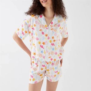 Hemkläder Y2K Söt Ocean Print Pyjama Set Women 2 Piece Outfits Button T-shirt och Elastic Shorts för Loungewear Sleepwear Night Wear