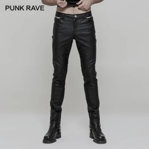 Pants PUNK RAVE Men Heavy Metal Punk Rock Straight Leg Slim Leather Pants Black PU Trousers