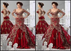 2019 Czerwone sukienki wieczorowe 34 Długie rękawy arabski jajjacouture haft v szyja scedos balowy suknie balowe celebrytka sukienka syrena 5544241