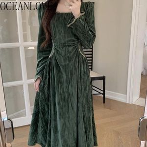 Casual Dresses Oceanlove Dark Green Velvet Women Square Neck Korean Fashion Solid Elegant Vestidos Autumn Winter Sweet Long Dress