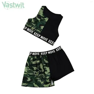 Bekleidungssets Mädchen Sommer Casual Camouflage Sports Outfit Ärmel und Racerback Brief Print Crop Top mit Shorts Rock Sportswear Tanzkleidung