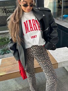 Винтажные леопардовые печатные джинсы брюки леди повседневная молния на молнии брюки карандашом 2024 Весенняя женская модная офисная уличная одежда 240401