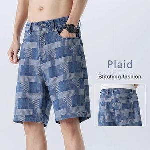 Fashion Plaid Denim Shorts for Men Summer Straight Casual Splicing Jeans Streetwear Baggy Wide Short Pants Male 240410