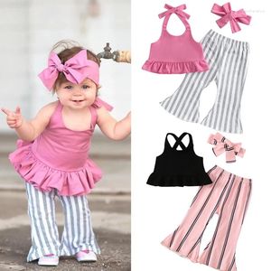 Set di abbigliamento FocusNorm 0-4y Toddler Kid Girl Adotti vestiti 3 pezzi senza maniche per il collo sospeso giubbotto pantaloni a strisce pantaloni a strisce fascio