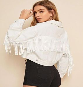 Kobiety Białe Tassel Krótkie kurtki Dżins Spring 2021 Ladies Solid Fringed Casual Coat Tops Y2K Women039S4576192