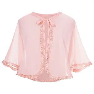 Jackor Kids Girls Elegant Lace Trim Bolero Chiffon Cardigan Sheer Lace-Up Shawl Shawl Top Top For Birthday Wedding Dress Cloak Ytterkläder