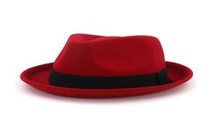 2020 Ny stil ullfascinator fedora hatt för kvinna unisex rulla upp korta brim homburg jazz fedora mössa med band7393870