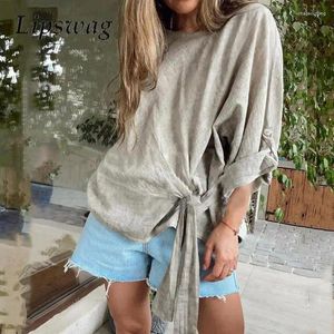 Women's Blouses Summer O-neck Knot T Shirt All Match Cotton Linen Breathable Shirts Commute 2024 Solid Adjustable Long Sleeve Lady Tops