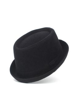 100 Wool Men Pork Pie Hat For Dad Winter Black Fedora Hat For Gentleman Flat Bowler Porkpie Top Hat Size S M L Xl Y190705033317901