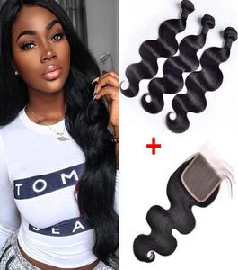 Cabelo corporal brasileiro Tela de cabelo humano 3 pacotes com 4x4 Fechamento de renda Bleach nós lisados de onda profunda de onda profunda de cabelo com 8645728