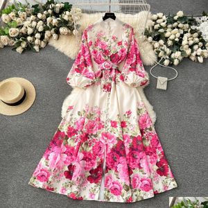 Basic Casual Dresses A-Line Y Summer Elegant Gorgeous Floral Bohemian Dress Spring Women Stand Long Lantern Sleeve Print Belt Linen Ve Dhfxb