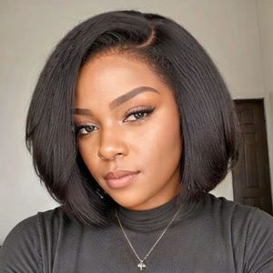 Glueless 13x4 Kinky Straight Bob Lace Frontal Human Hair With Black for Black Women Natural Yaki 240401