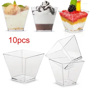 Disposable Cups Straws 10Pcs Hard Plastic Transparent Gold Powder Mousses Dessert Appetizers Cup Spoons Lids Wedding Party Food Holder