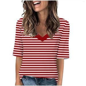 Women's T Shirts Summer Cotton For Women Trendy Stripe V Neck Blouse Tees Casual Short Sleeve Loose Fit Tops Ladies Plus Size T-Shirts