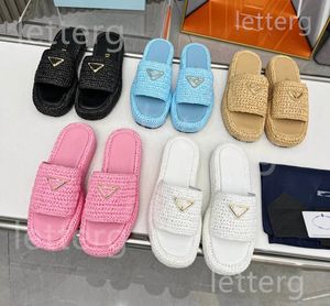 Ny Prad Triangle Straw Weave Slipper Sandal Platform Raffias Slippers Designer Womans Mens Summer Flat Heel Casual Flip Flops Outdoors Pool Slides Beach Shoe Shoe