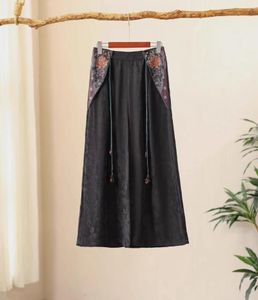 Pantaloni da donna gamba vintage gamba nazionale ricami pantaloni jacquard pantskirt lino in lino in seta naturale elastica vita