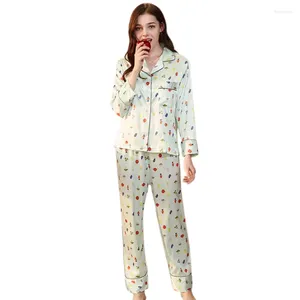 Home Clothing 2024 Fashion Women Pajamas Sets Cute Print Silk Suits Casual Femme Comfortable Fruit Green