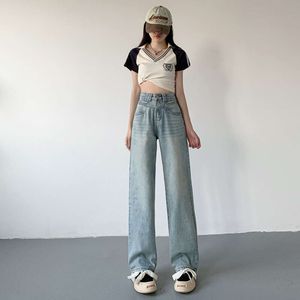 2024 Frühling Neues Design Sense Leichte Farbfarbe Nostalgic Hohe Taille Slim Wide Leg Jeans für Frauen