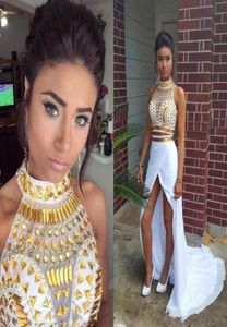 Cheap Sexy Prom Dresses High Neck Two Pieces With Gold Crystal Beads Arabic Sheer Chiffon Side Split Hollow Back Formal Party Even2620749