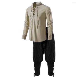 Herrspårar 2st Medieval Knight Costume Set Renaissance Cosplay Pirate Shirts Ankel Banded Pants for Halloween Cotton Linen Fabric