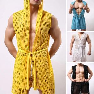 Home Clothing Men Hooded Nightwear Nightgown Men's Sexy Lace-up Mesh Night Robe Sleeveless Hollow Out Loungewear For Summer