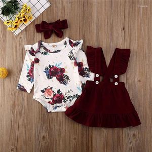 Set di abbigliamento 0-24 mesi bambina set di gonna set manica lunga pagliaccio stampato color solido vestito a cinghia gonfio