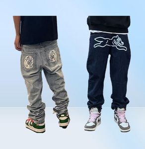 Retro Fly Dog Print Logo Jeans reta Homens Homem High Street Graimize calças de jeans casuais Harajuku Hip Hop Wash Troushers 223444720