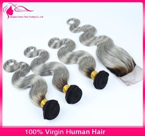 9A 1bGrey Hair Bundles With Lace Closure 2 Tone Silver Gray Body Wave Ombre Hair With Lace Closure MiddleThree Part3853677