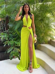 Basic lässige Kleider sexy v Halshöhle aus der Taille Split Maxi Kleid Frauen Slveless Faltenbodenröhre 2024 Sommer Lady Beach Vestidos 1 T240415