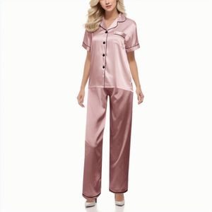 Mulheres de seda cetim e calças compridas conjunto de 2 peças pijama conjunto de mangas curtas T camisetas elásticas calças mulheres camisola sexy feminino pjs