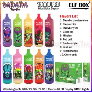 Elf Box Pro 14000 Puffs Vape Display Display Display Display Recarregável Bobina de Malha e Cigarros RGB Lights Vaper de cordão 0% 2% 3% 5% 10 Sabores Puff 12k 12000 15000 9k 9000 15k