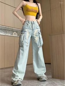Women's Jeans 2024 Light Blue Ripped For Women Fashion Casual High Waist Straight Trousers Korean Style Mopping Pants Y2k