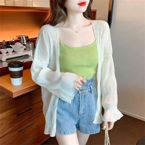 Malhas femininas 2024 Moda feminina chiffon coreano encolher os ombros da primavera verão camisa de cor sólida de manga longa bagunça de rua de rua de rua casual casual cardigan