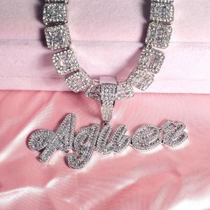 Custom Brush Cursive Iced Out Letter Name Pendant Word Necklace With Rhinestone Baguettes Chain Drop Shiping 240402