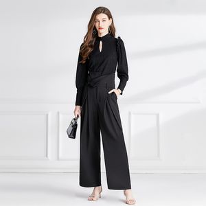 꽉 허리 디자인 여성 세트, 우아한 검은 블라우스 및 높은 허리 와이드 다리 바지 2 PCS 정장, 사무실 숙녀, 봄 가을