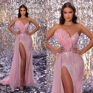 Strapless Sequins Evening Dreses with Side Slit Prom Gowns Sleeveless Rhinestone Custom Made Formal Party Dresses