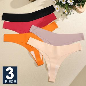 Women's Panties FINETOO 3PCS Seamless Thong Women Ice Silk T-back Intimate Solid Breathable Crotch Briefs Sexy Tanga Multiple 10 Color