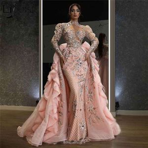 Crystals Beading Mermaid Prom Dresses With Detachable Train Embroidery Flower Formal Evening Dress Arabic Gala Party Gown