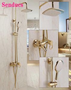 Guld badrum duschuppsättning senducs rund regn hand duschhuvud koppar badkar mixer kranar kallt badduschsystem x07059715596