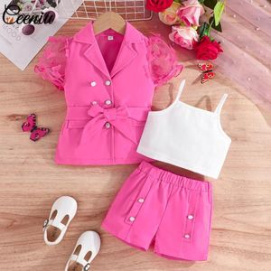 Roupas definem crianças CEENIU para meninas roupas de blazer de manga borboleta jaqueta com cinto de capa de camisola calça rosa