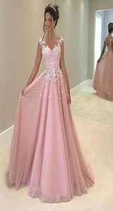 Vestido formal de rosa claro Aline, vestidos de baile império da cintura 2022 Apliques de renda Tulle Salia elegante vestidos de noite Vestido de festa Mulheres CH2360449
