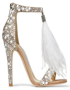 Masowe pasa startowe y piórki sandały żeńskie kobiety rhinestone perły wysadzane wysokie obcasy letnie buty ślubne ślubne kobietę seksowne OPE1103551297394