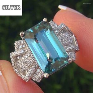 Cluster Rings Boho Female Ocean Blue Zircon Stone Ring Cute Luxury 925 Silver Love Wedding Jewelry Promise Engagement For Women