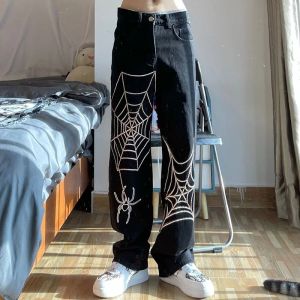 Calça mingliusili y2k calças jeans feminino de primavera de moda de rua de rua de rua de rua de grande porte e menina impressão preta calça preta